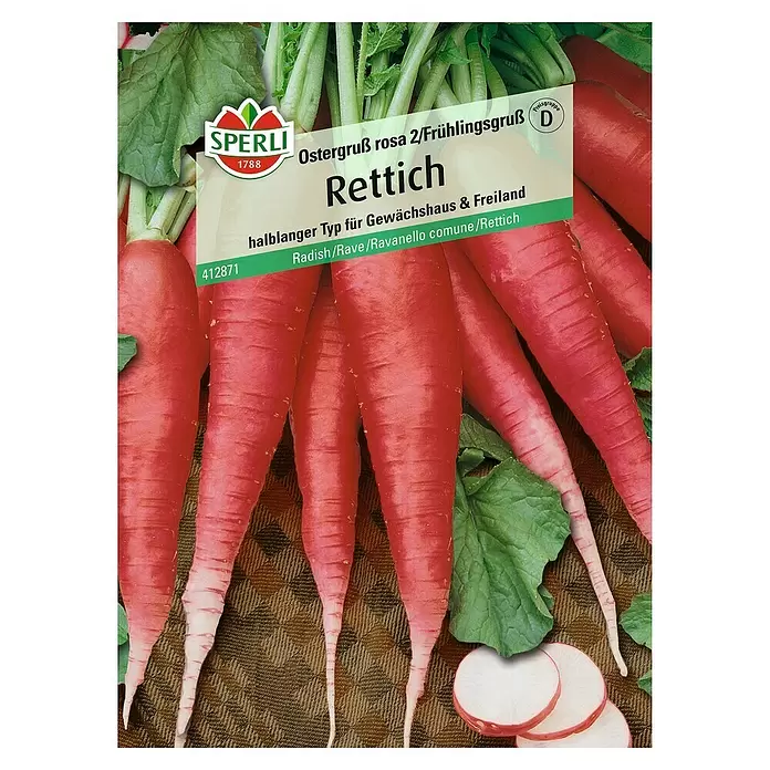 Sperli Gemüsesamen Rettich - Ostergruß rosa 2, Raphanus sativus, Erntezeit: Mai - Vorderansicht
