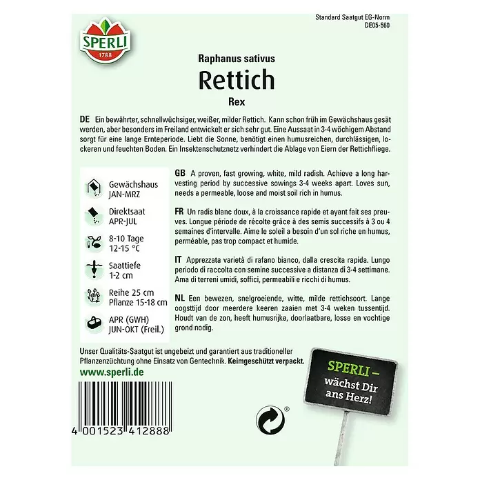 Sperli Gemüsesamen Rettich - Rex, Raphanus sativus, Erntezeit: April - Rückansicht
