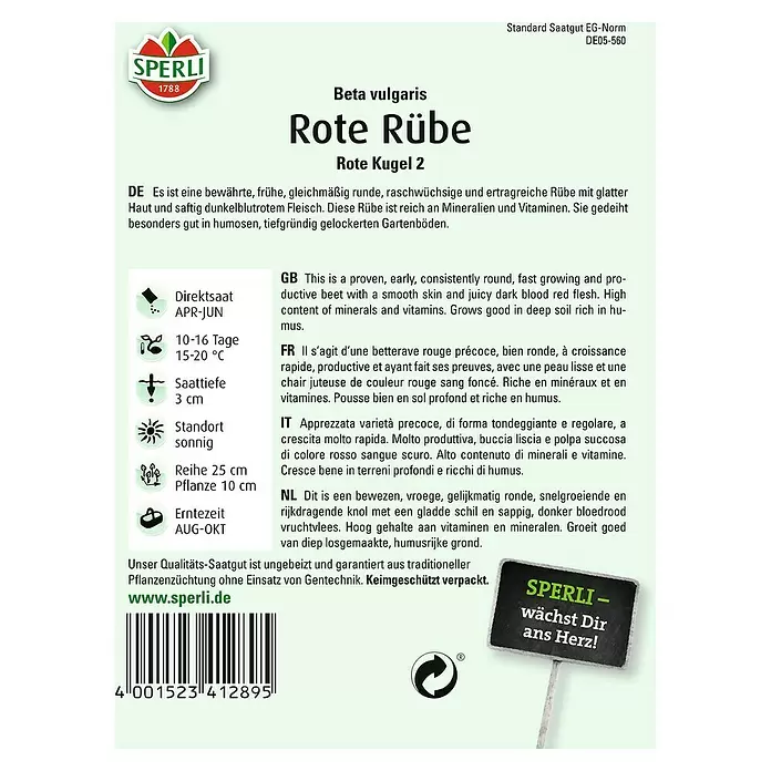 Sperli Gemüsesamen Rote Rübe - Rote Kugel 2, Beta vulgaris, Erntezeit: August - Rückansicht