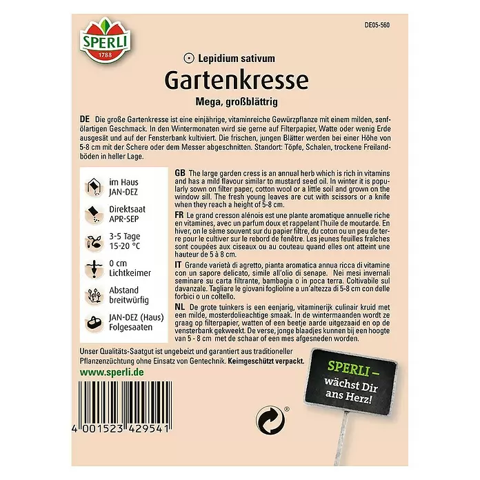 Sperli Kräutersamen Gartenkresse - Mega, Lepidium sativum, Saatzeit: April, Erntezeit: Ganzjährig - Rückansicht
