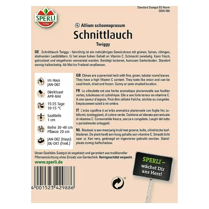 Sperli Kräutersamen Schnittlauch - Twiggy, Allium schoenoprasum, Saatzeit: April, Erntezeit: Ganzjährig - Rückansicht