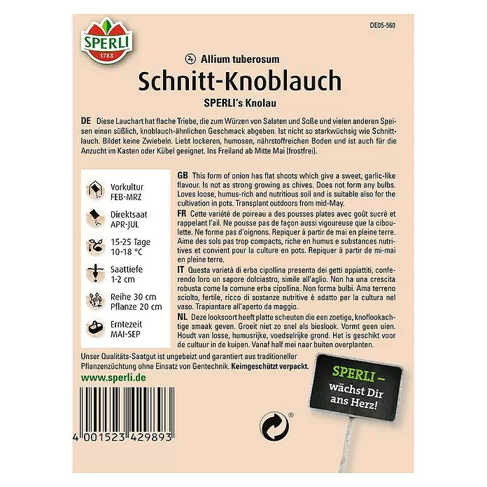 Sperli Kräutersamen Schnitt-Knoblauch - Allium tuberosum, Saatzeit: April - Rückansicht