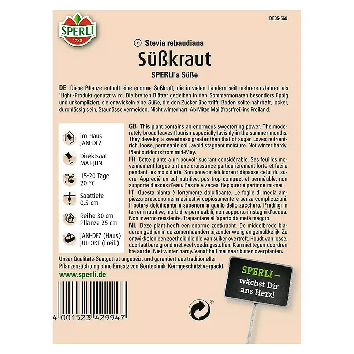 Sperli Blumensamen Süßkraut - Stevia rebaudiana - Rückansicht