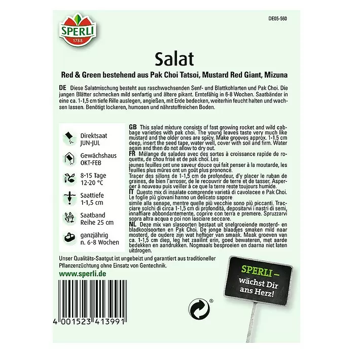 Sperli Salatsamen Red & Green - Lactuca sativa, Erntezeit: Ganzjährig - Rückansicht