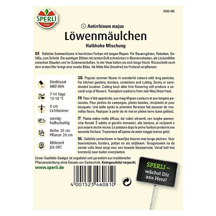 Sperli Blumensamen Löwenmäulchen - Halbhohe Mischung, Antirrhinum majus, Blütezeit: Juli - Rückansicht
