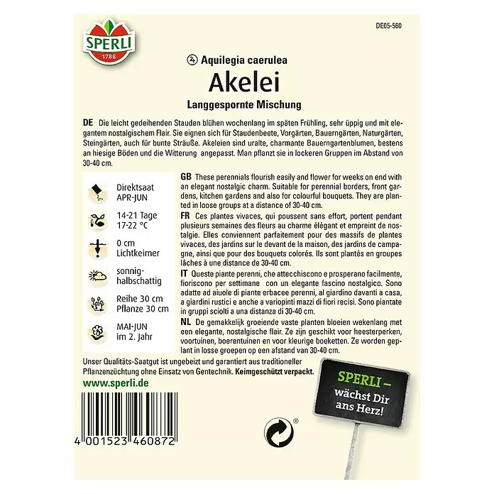 Sperli Blumensamen Akelei - Aquilegia vulgaris, Blütezeit: Mai - Rückansicht