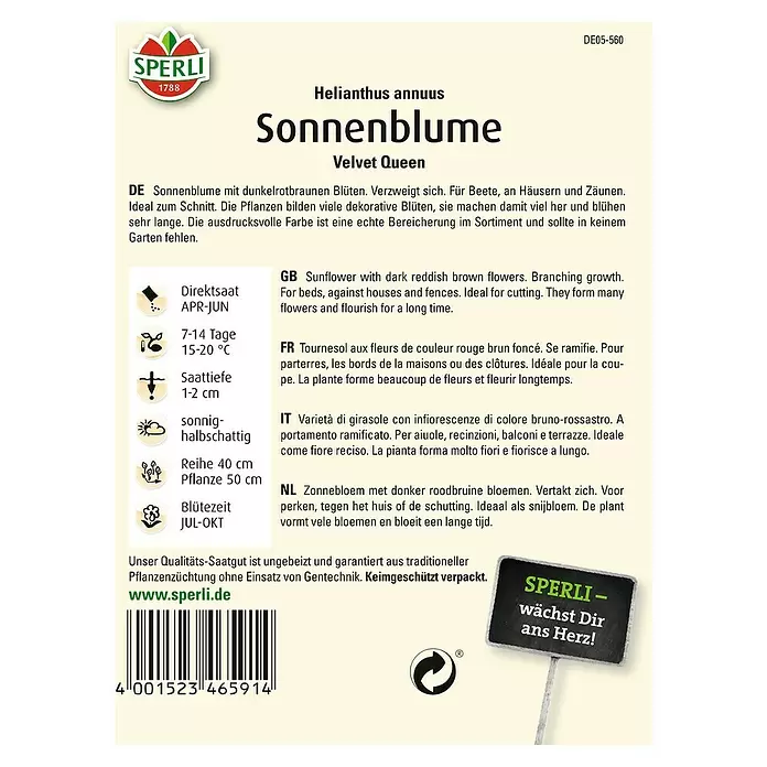 Sperli Blumensamen Sonnenblume - Velvet Queen, Helianthus annuus, Blütezeit: Juli - Rückansicht