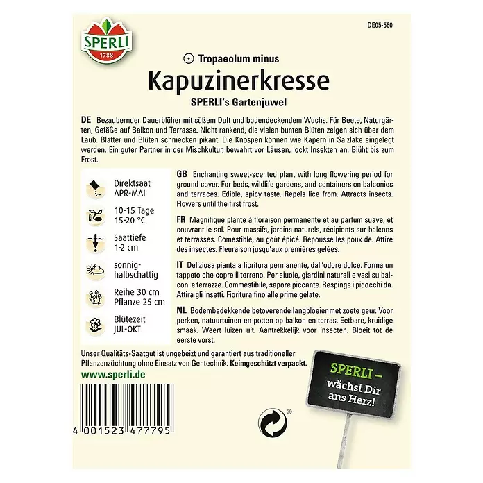 Sperli Kräutersamen Kapuzinerkresse - Gartenjuwel, Tropaeolum minus, Saatzeit: April - Rückansicht