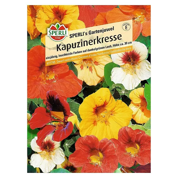 Sperli Kräutersamen Kapuzinerkresse - Gartenjuwel, Tropaeolum minus, Saatzeit: April - Vorderansicht