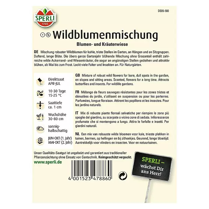Sperli Blumensamen Wildblumenmischung - Verschiedene Sorten, Blütezeit: Juni, 10 m² - Rückansicht