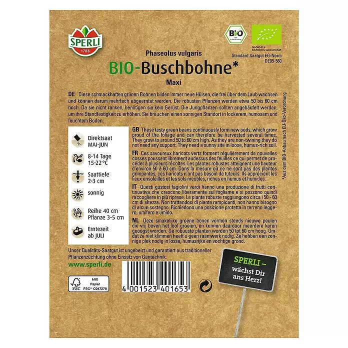 Sperli Gemüsesamen Buschbohne - Bio Gluckentyp, Phaseolus vulgaris var. nanus, Erntezeit: Juli - Rückansicht