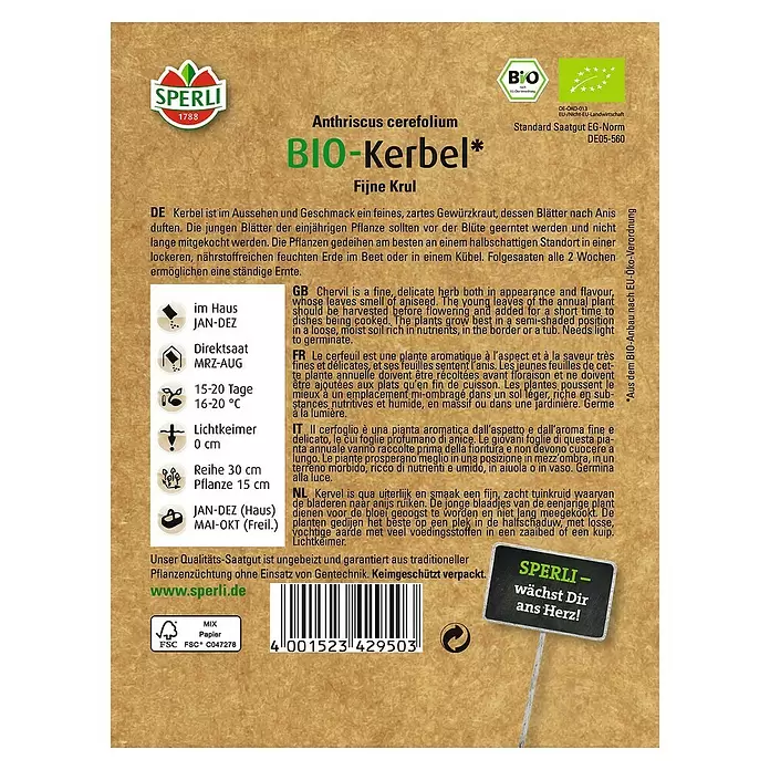 Sperli Kräutersamen Bio Kerbel - Anthriscus cerefolium, Saatzeit: März, Erntezeit: Ganzjährig - Rückansicht