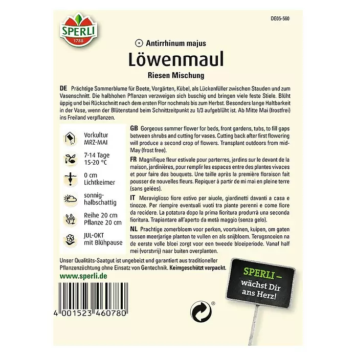 Sperli Blumensamen Löwenmäulchen - Riesen Mischung, Antirrhinum majus, Blütezeit: Juli - Rückansicht