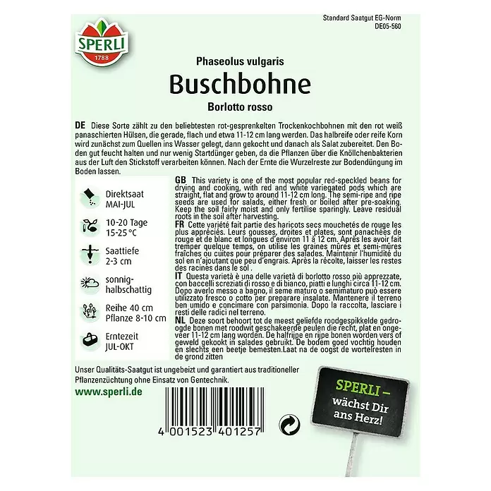 Sperli Gemüsesamen Buschbohne - Borlottorosso, Phaseolus vulgaris var. nanus, Erntezeit: Juli - Rückansicht