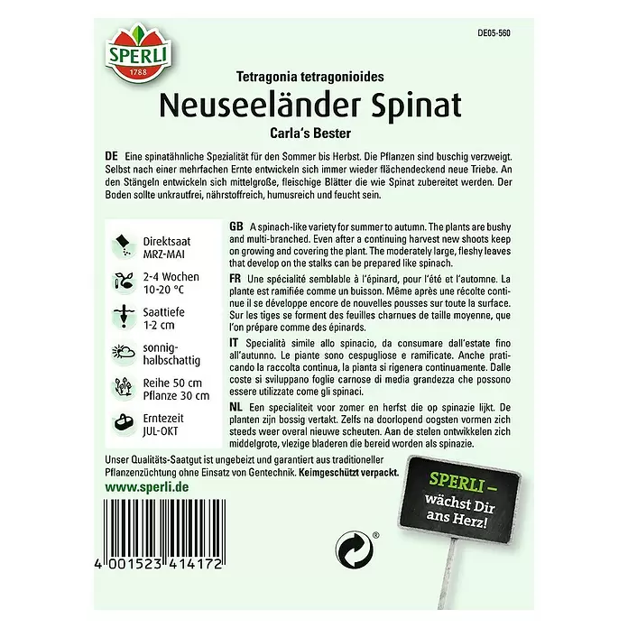 Sperli Gemüsesamen Spinat - Tetragonia tetragonioides, Erntezeit: Juli - Rückansicht