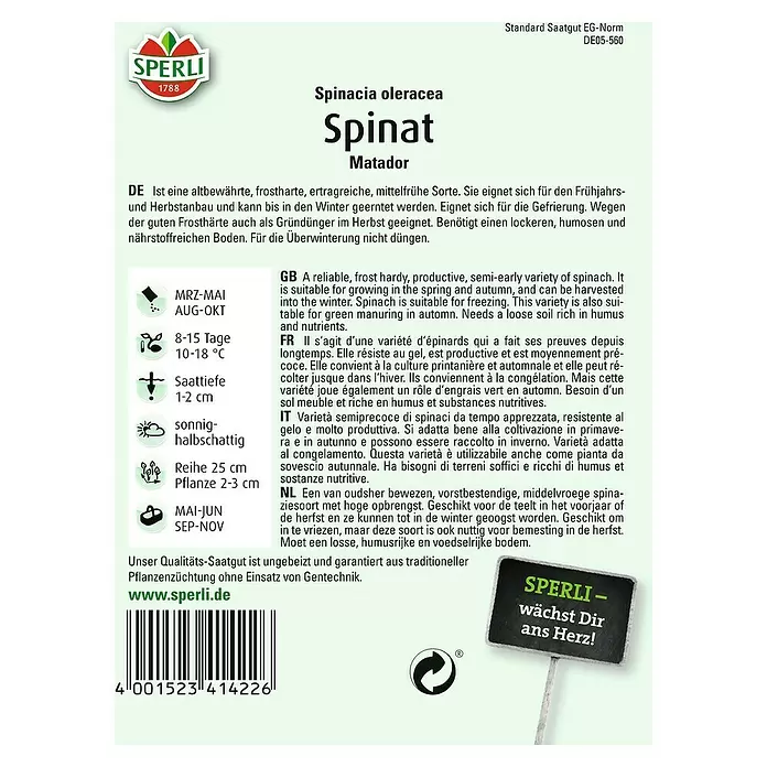 Sperli Gemüsesamen Spinat - Tetragonia tetragonioides, Erntezeit: Mai - Rückansicht
