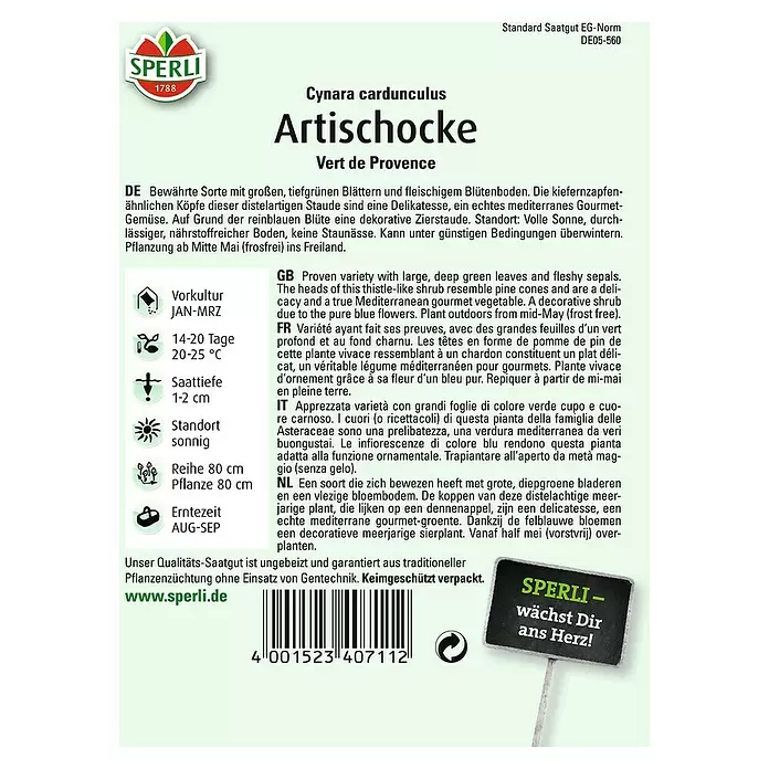 Sperli Gemüsesamen Artischocke - Cynara cardunculus var. scolymus, Erntezeit: August - Rückansicht
