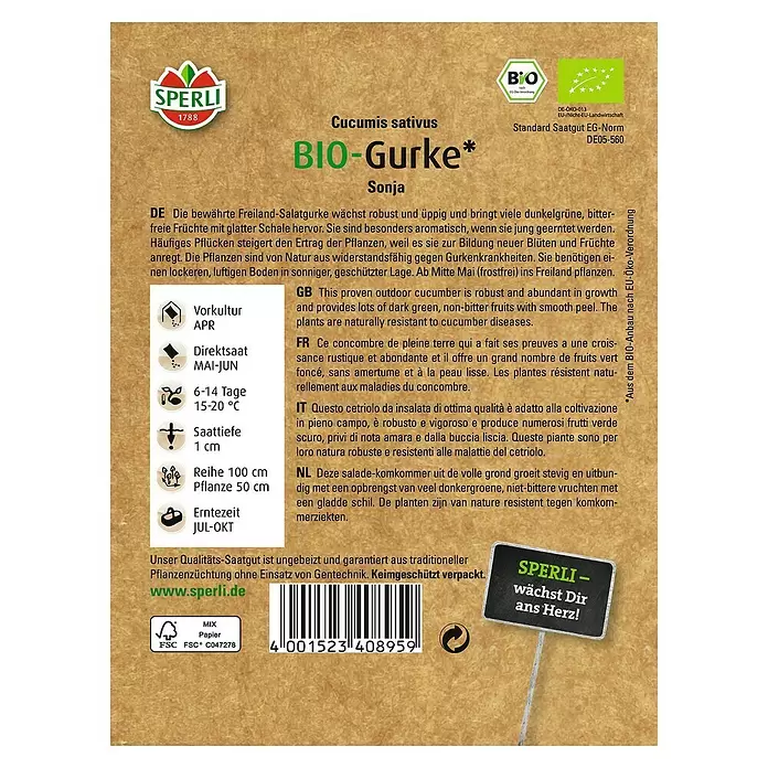 Sperli Gemüsesamen Gurke - Bio, Cucumis sativus, Erntezeit: Juli - Rückansicht