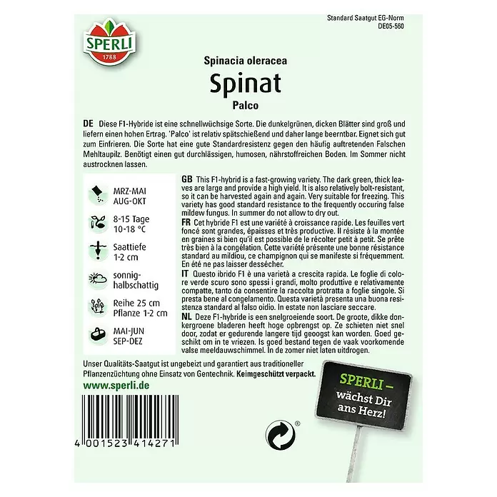 Sperli Gemüsesamen Spinat - Tetragonia tetragonioides, Erntezeit: Mai - Rückansicht