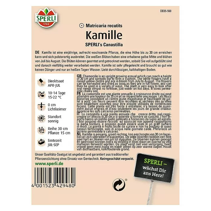 Sperli Blumensamen Kamille - Chamomilla recutita, Weiß-orange - Rückansicht