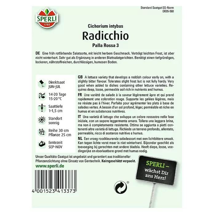 Sperli Salatsamen Radicchio - Cichorium intybus, Erntezeit: September - Rückansicht