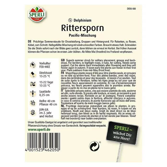 Sperli Blumensamen Rittersporn - Delphinium x cultorum, Mehrfarbig - Rückansicht