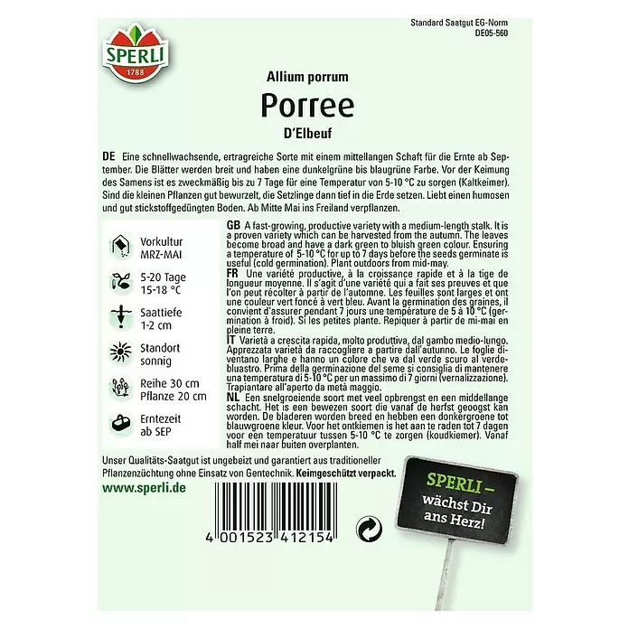 Sperli Gemüsesamen Porree - Allium porrum, Erntezeit: September - Rückansicht