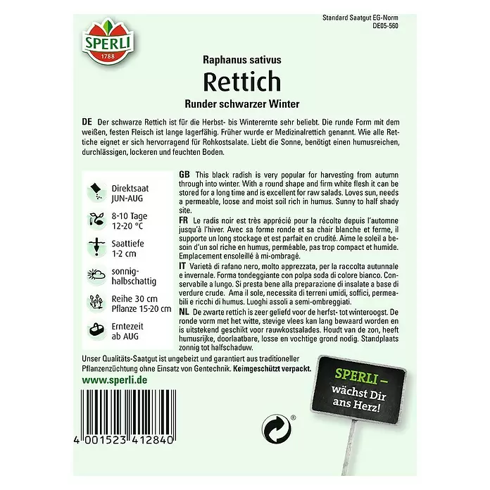 Sperli Gemüsesamen Rettich - Runder schwarzer, Raphanus sativus, Erntezeit: August - Rückansicht