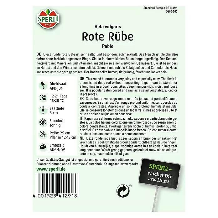 Sperli Gemüsesamen Rote Rübe - Pablo, Beta vulgaris, Erntezeit: August - Rückansicht
