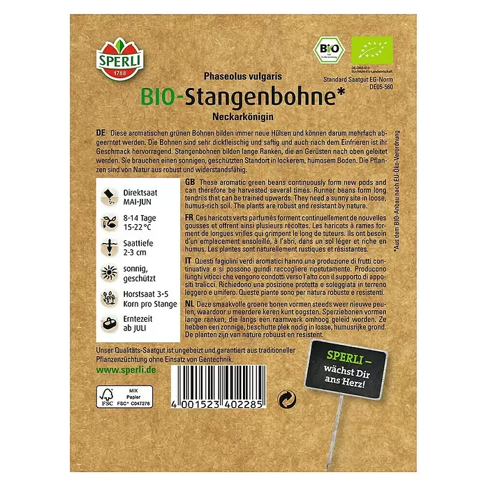 Sperli Gemüsesamen Stangenbohne - Bio, Phaseolus vulgaris, Erntezeit: Juli - Rückansicht
