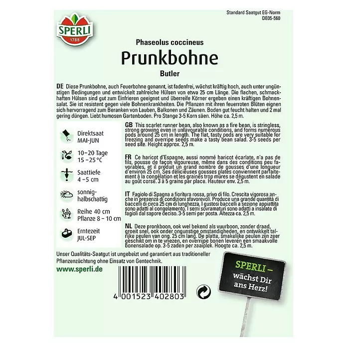 Sperli Gemüsesamen Prunkbohne - Butler, Phaseolus coccineus, Erntezeit: Juli - Rückansicht
