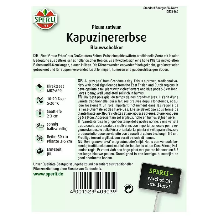 Sperli Gemüsesamen Kapuzinererbse - Pisum sativum, Saatzeit: März, Erntezeit: Juli - Rückansicht