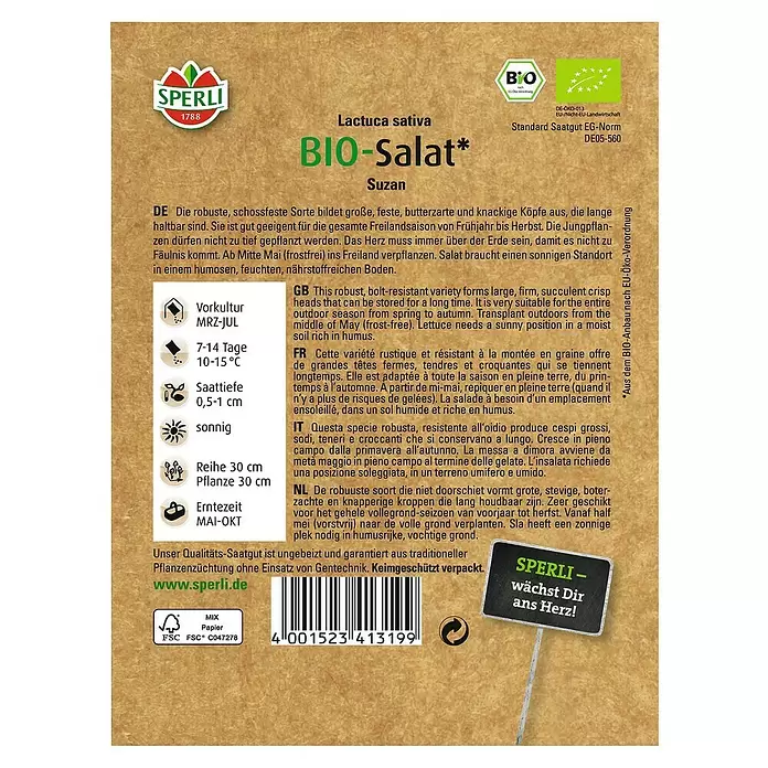 Sperli Salatsamen Bio Kopfsalat - Lactuca sativa, Erntezeit: Mai - Rückansicht