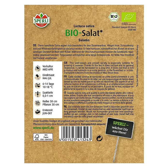 Sperli Salatsamen Bio Eissalat - Lactuca sativa, Erntezeit: Juni - Rückansicht