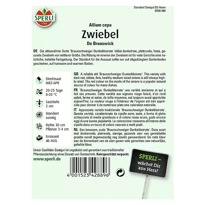 Sperli Gemüsesamen Zwiebel - Allium cepa, Erntezeit: Juni - Rückansicht