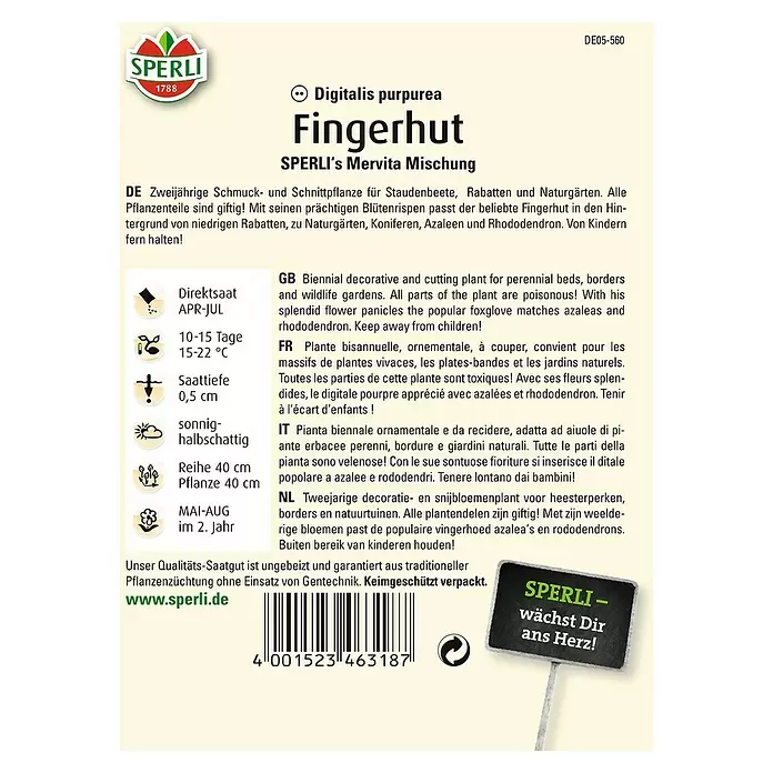 Sperli Blumensamen Fingerhut - Echinacea purpurea, Mehrfarbig - Rückansicht