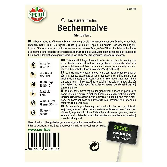 Sperli Blumensamen Bechermalve Mont Blanc - Lavatera trimestris, Weiß - Rückansicht