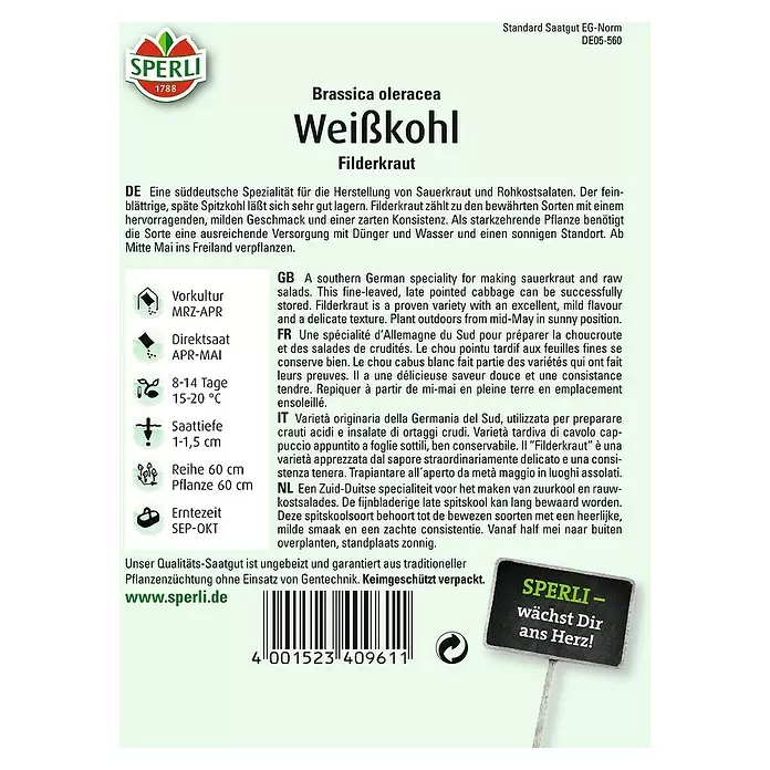 Sperli Gemüsesamen Weißkohl - Brassica oleracea, Erntezeit: September - Rückansicht