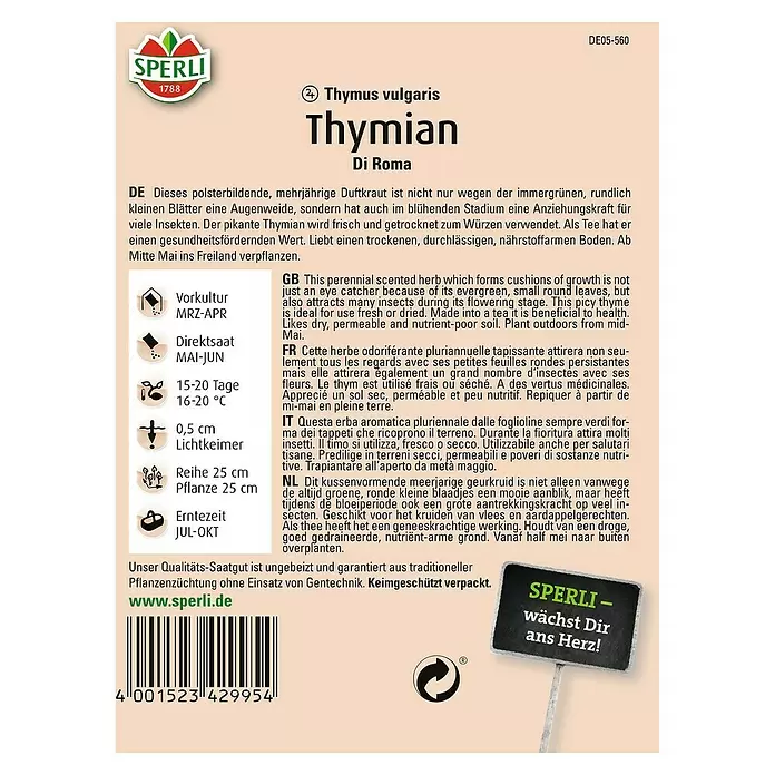 Sperli Kräutersamen Thymian Di Roma - Thymus vulgaris, Saatzeit: Mai, Erntezeit: Juli - Rückansicht