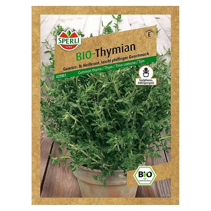 Sperli Kräutersamen Bio Thymian - Thymus vulgaris, Saatzeit: April, Erntezeit: Ganzjährig - Vorderansicht