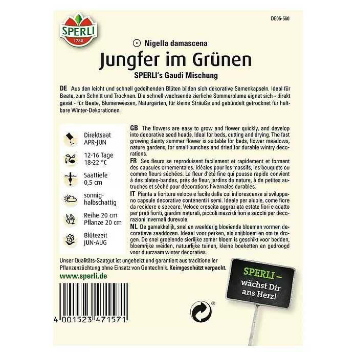 Sperli Blumensamen Jungfer im Grünen - Nigella damascena, Mehrfarbig - Rückansicht