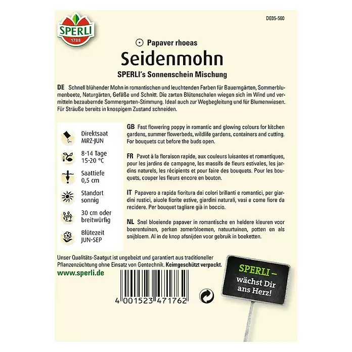 Sperli Blumensamen Seidenmohn - Papaver orientale, Mehrfarbig - Rückansicht