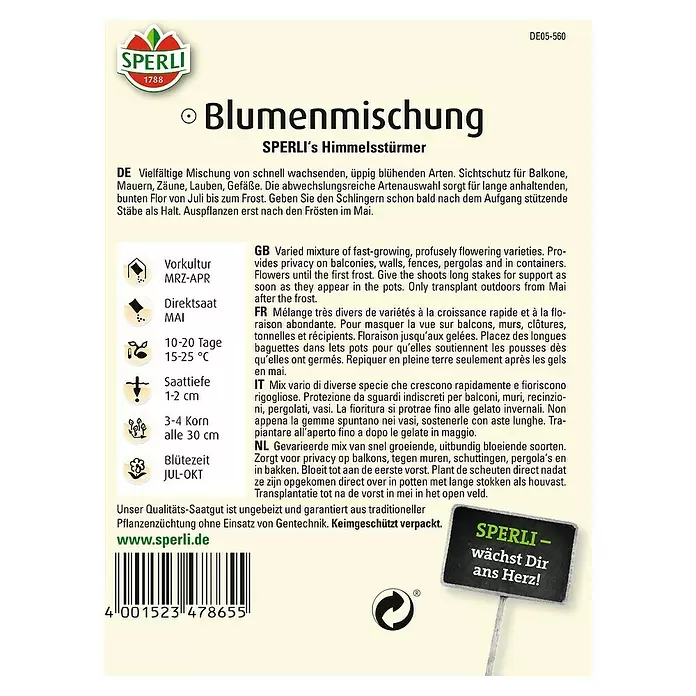 Sperli Blumensamenmischung Schlingpflanze Mischung - Verschiedene Sorten, Mehrfarbig - Rückansicht