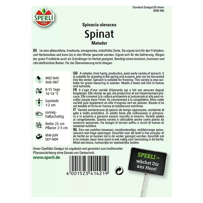 Sperli Gemüsesamen Spinat - Spinacia oleracea, Erntezeit: Mai - Rückansicht