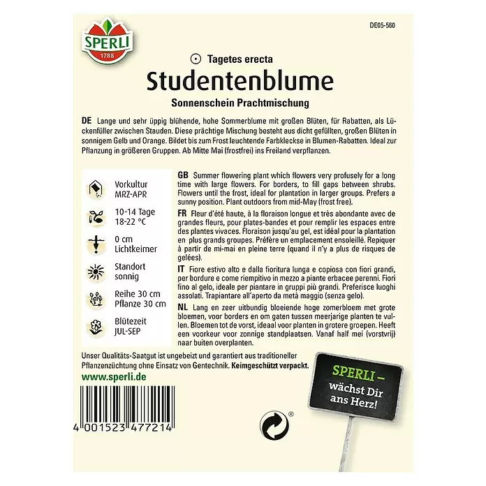Sperli Blumensamen Studentenblume - Tagetes erecta, Mehrfarbig - Rückansicht