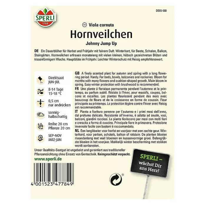 Sperli Blumensamen Hornveilchen - Viola x cornuta, Mehrfarbig - Rückansicht