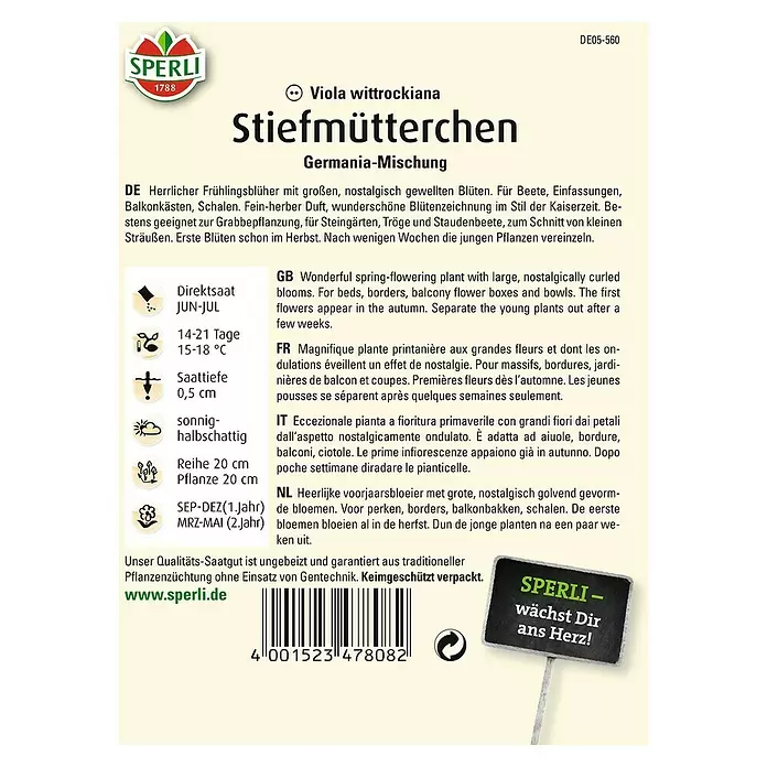 Sperli Blumensamen Stiefmütterchen - Viola x wittrockiana, Mehrfarbig - Rückansicht