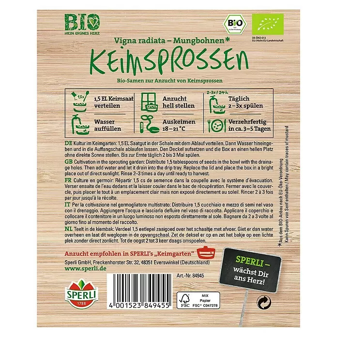 Sperli Gemüsesamen Bio-Keimsprossen Mungobohne - Vigna radiata, Erntezeit: Ganzjährig - Rückansicht