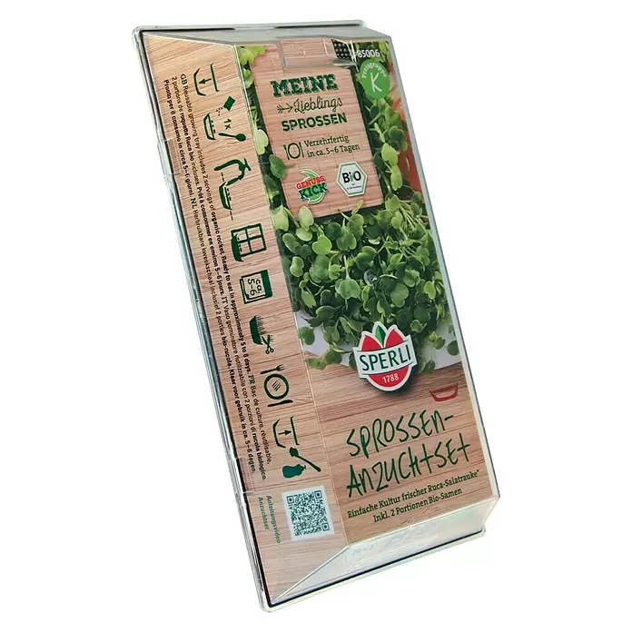 Salatsamen Bio-Salatrauke Sprossen-Anzuchtset - Eruca sativa, Erntezeit: Ganzjährig - Diagonale Ansicht