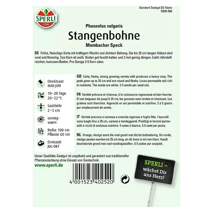 Sperli Gemüsesamen Stangenbohne - Mombacher Speck, Phaseolus vulgaris, Erntezeit: Juli - Rückansicht